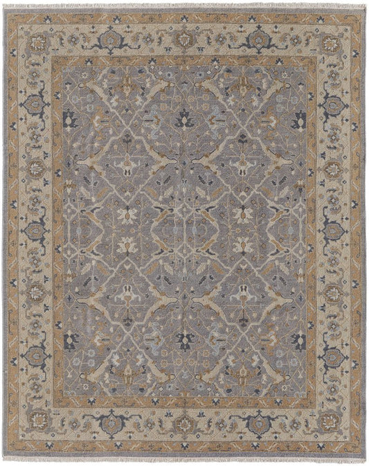 Tan and Gray Wool Oriental Hand Knotted Area Rug With Fringe Area Rug | 9' x 13'