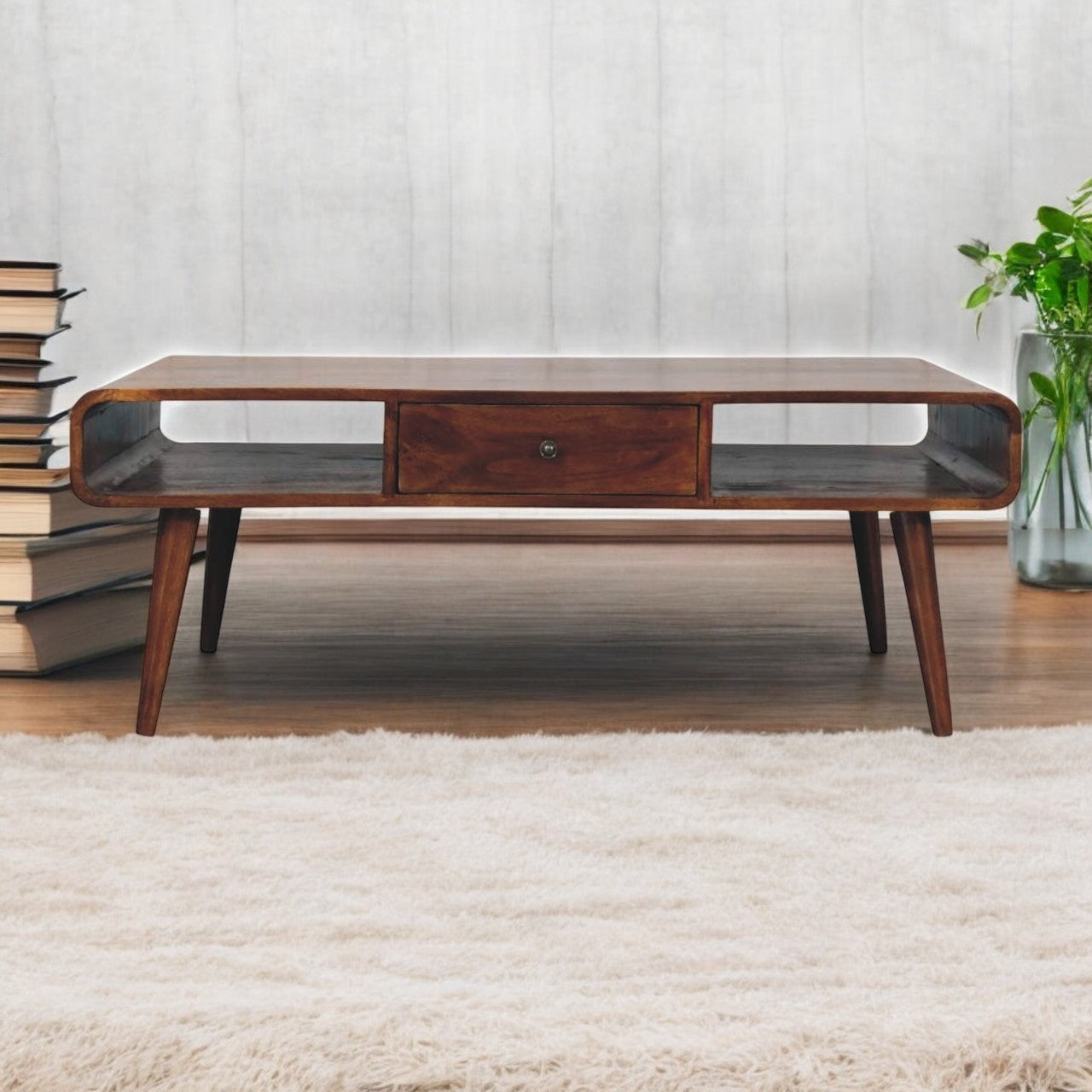 Avora Chestnut Mango Wood Coffee Table – 47" Storage Coffee Table with 2 Drawers