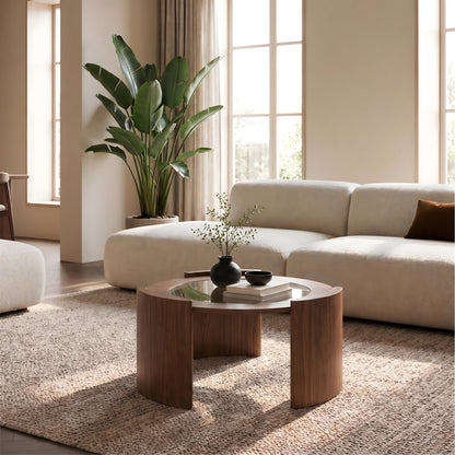 Everly Walnut & Glass Round Coffee Table – 31.5" Mid-Century Curved Leg Coffee Table