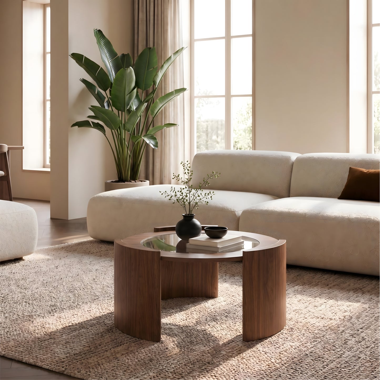 Everly Walnut & Glass Round Coffee Table – 31.5" Mid-Century Curved Leg Coffee Table