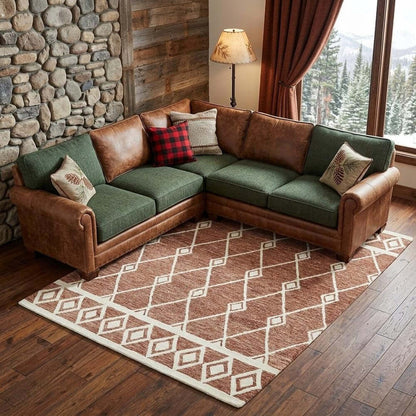 Rust And Ivory Wool Argyle Hand Hooked Area Rug | 9' x 13' showcased in a cozy living room with a leather sectional.