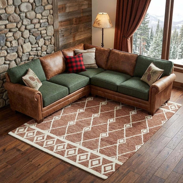 Rust And Ivory Wool Argyle Hand Hooked Area Rug | 9' x 13' showcased in a cozy living room with a leather sectional.