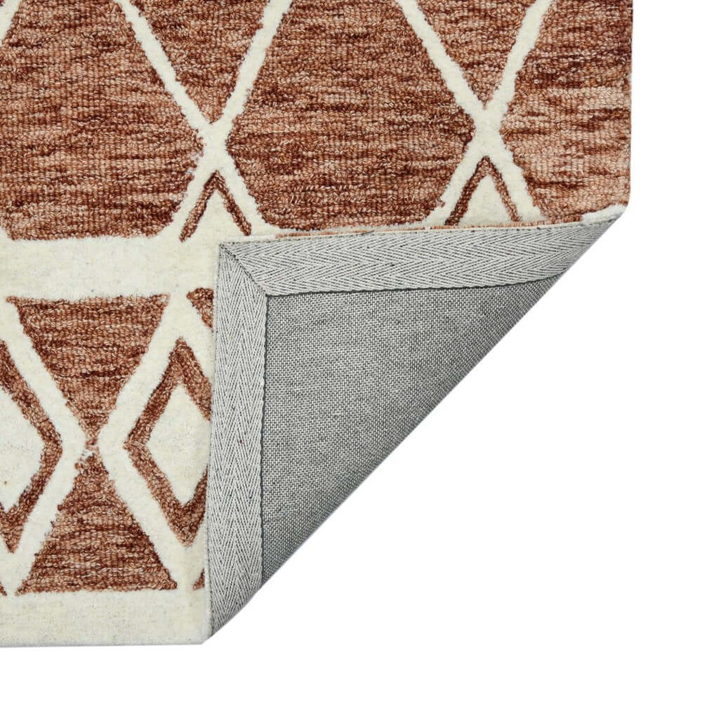 Rust And Ivory Wool Argyle Hand Hooked Area Rug | 9' x 13' showing corner detail and backing design.