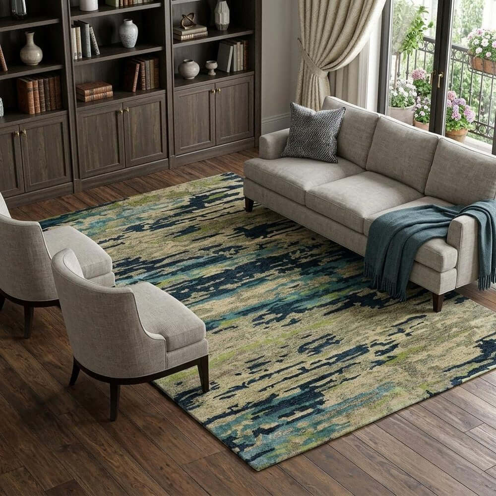 Sand And Green Wool Abstract Hand Tufted Area Rug | 9' x 13' displayed in a cozy living room setting.