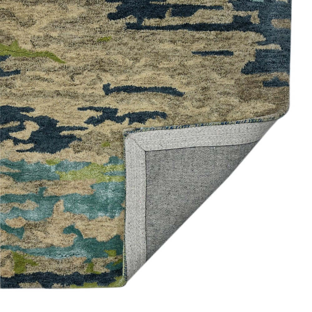 Sand And Green Wool Abstract Hand Tufted Area Rug | 9' x 13' close-up showing texture and craftsmanship.