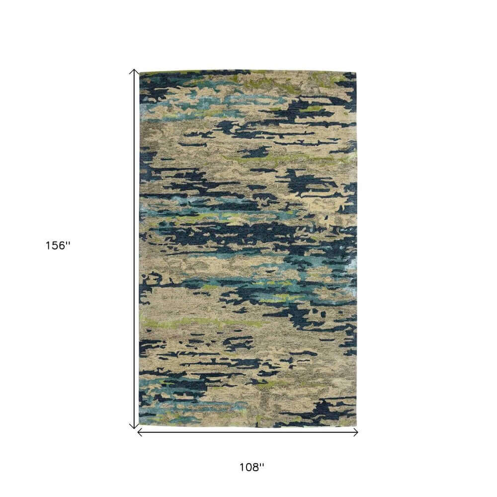 Sand And Green Wool Abstract Hand Tufted Area Rug | 9' x 13' with contemporary design and dimensions 9' x 13'.