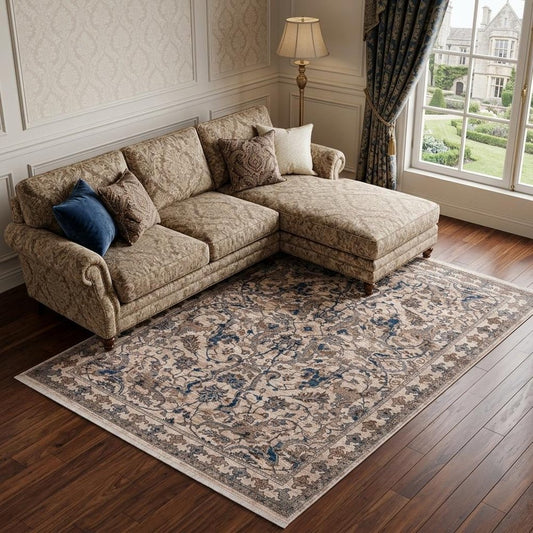 Tan And Blue Oriental Area Rug With Fringe Area Rug | 9' x 13'