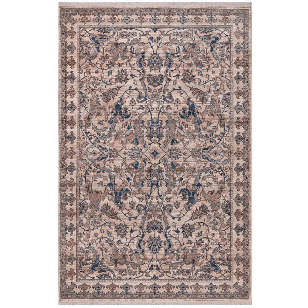 Tan And Blue Oriental Area Rug With Fringe Area Rug | 9' x 13'