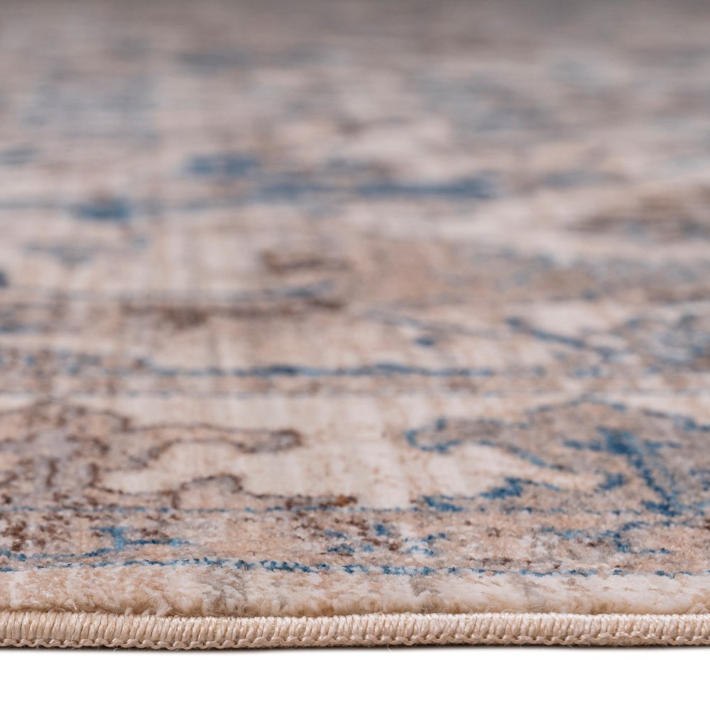 Tan And Blue Oriental Area Rug With Fringe Area Rug | 9' x 13'
