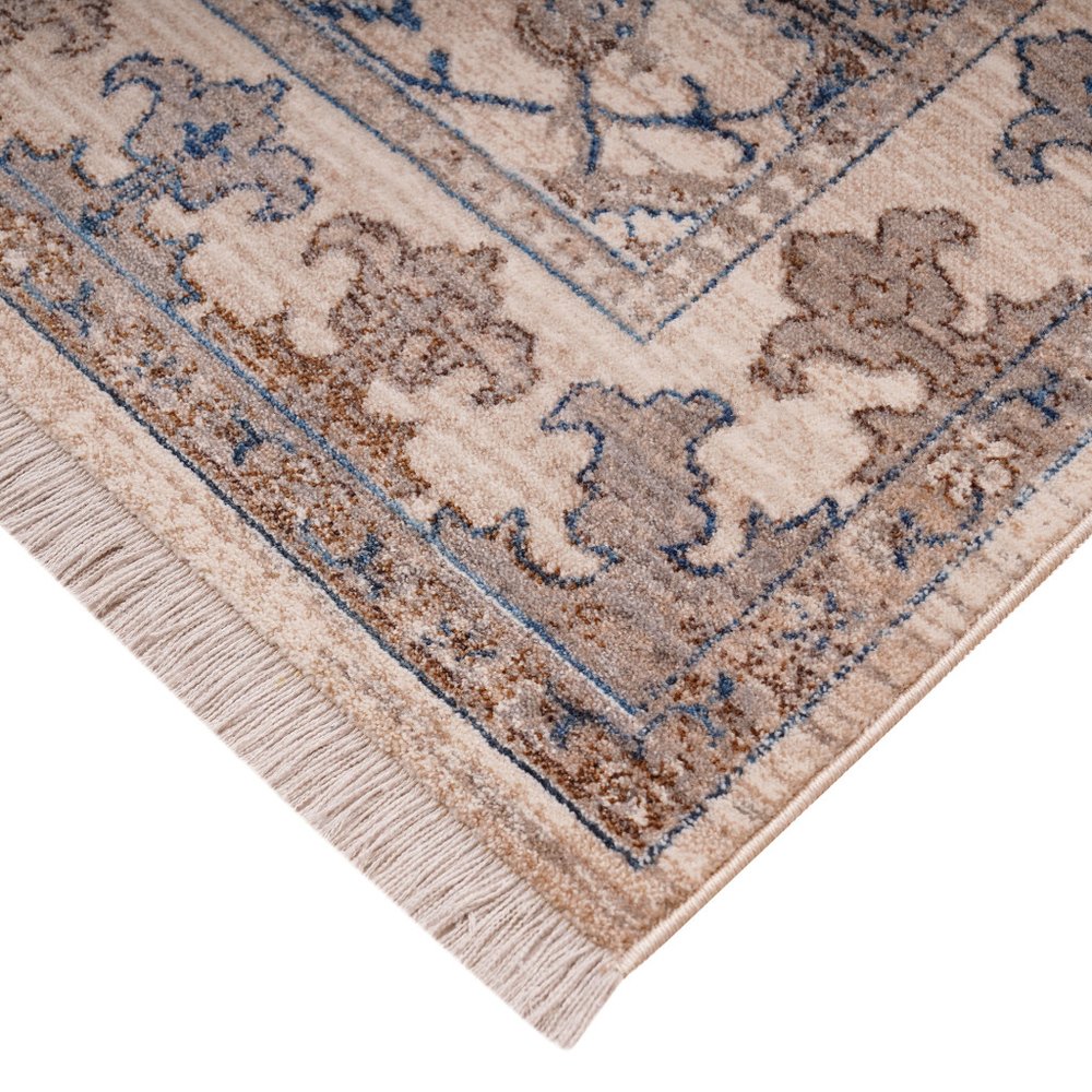 Tan And Blue Oriental Area Rug With Fringe Area Rug | 9' x 13'
