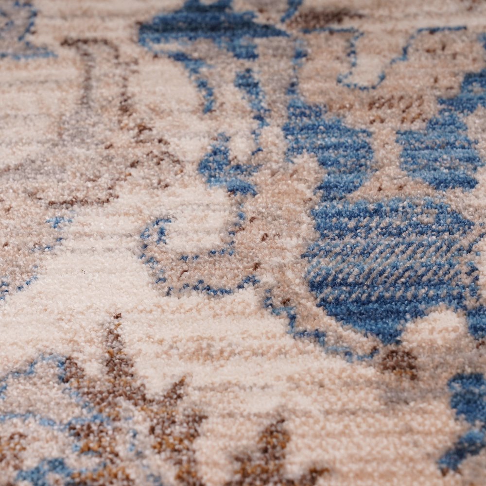 Tan And Blue Oriental Area Rug With Fringe Area Rug | 9' x 13'
