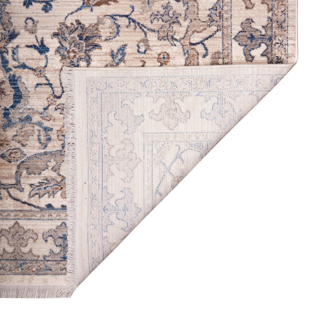 Tan And Blue Oriental Area Rug With Fringe Area Rug | 9' x 13'