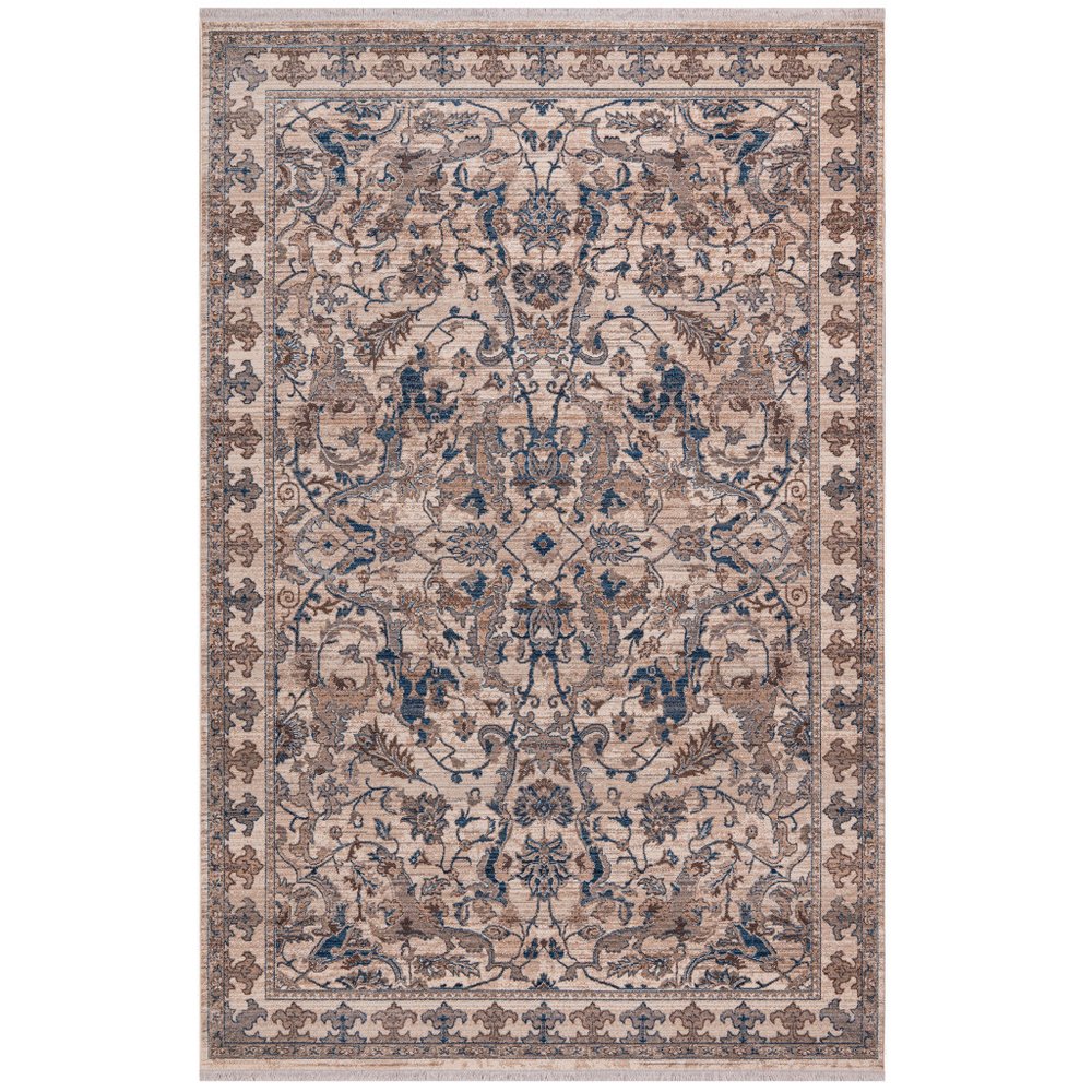 Tan And Blue Oriental Area Rug With Fringe Area Rug | 9' x 13'