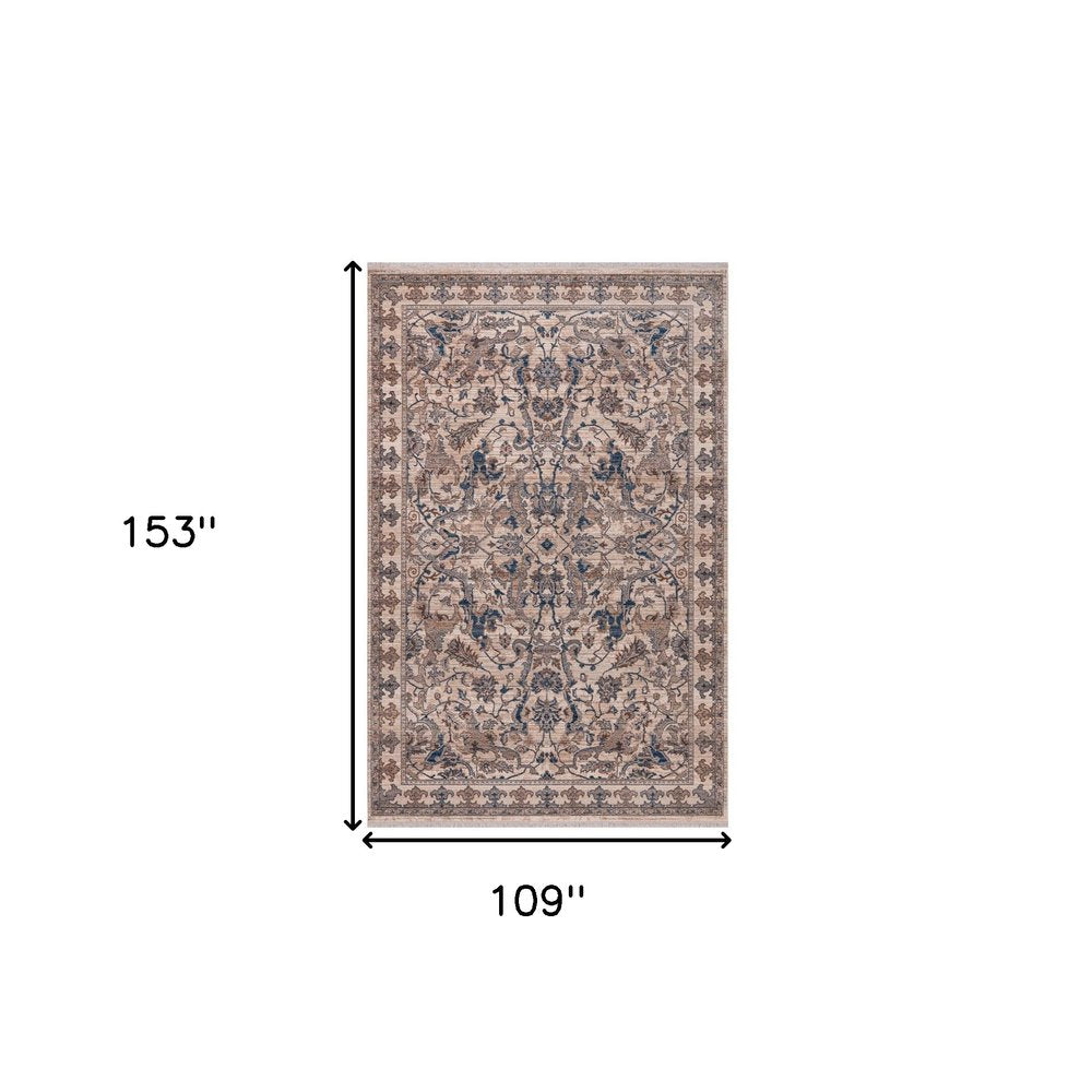 Tan And Blue Oriental Area Rug With Fringe Area Rug | 9' x 13'