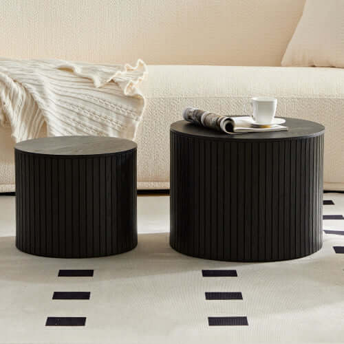 Handcrafted MDF Round Accent Table Set (2-Piece) – Nesting Side Tables with Storage (2 Colors) on a stylish rug.