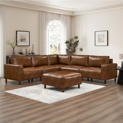Winslow Modular Sectional Sofa – Brown PU Leather with Ottoman