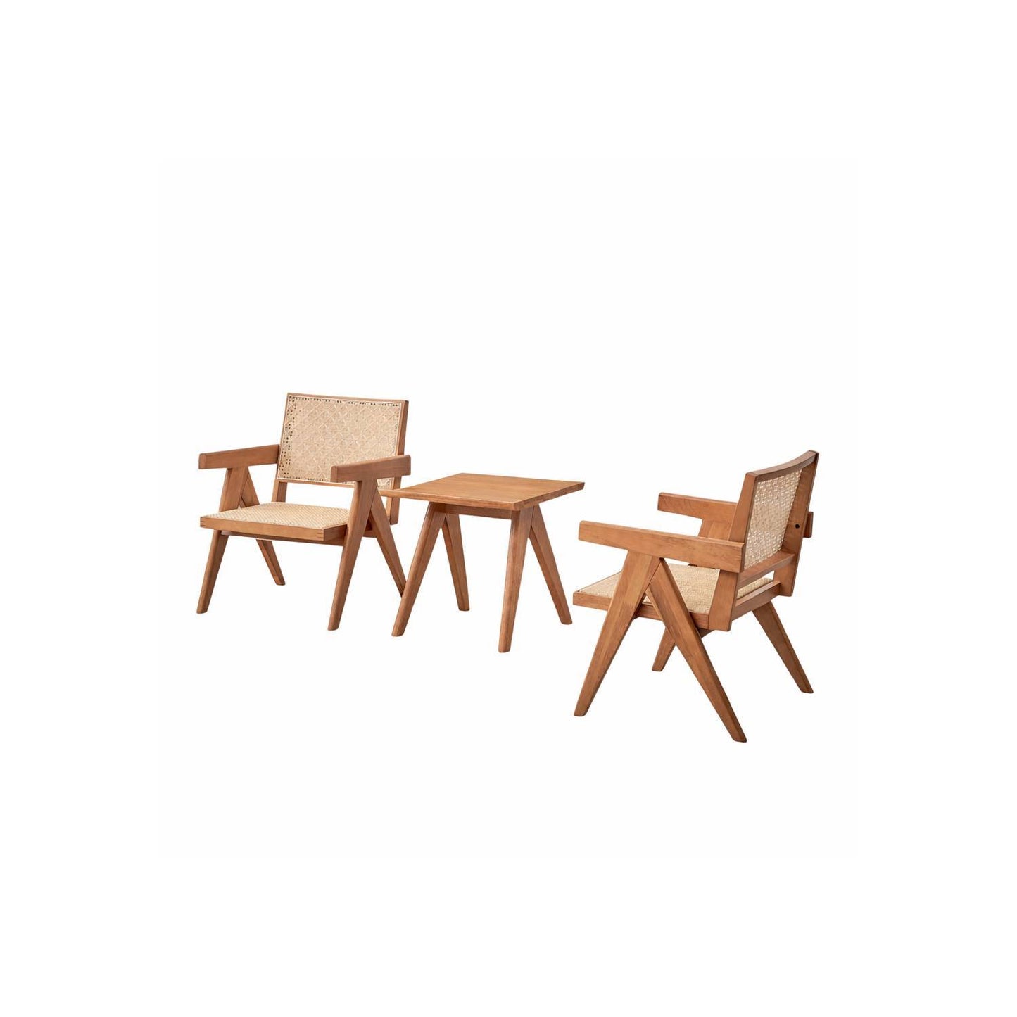 Iris Natural Rattan & Rubber Wood Accent Chair Set – 3-Piece Living Room Set with Square End Table