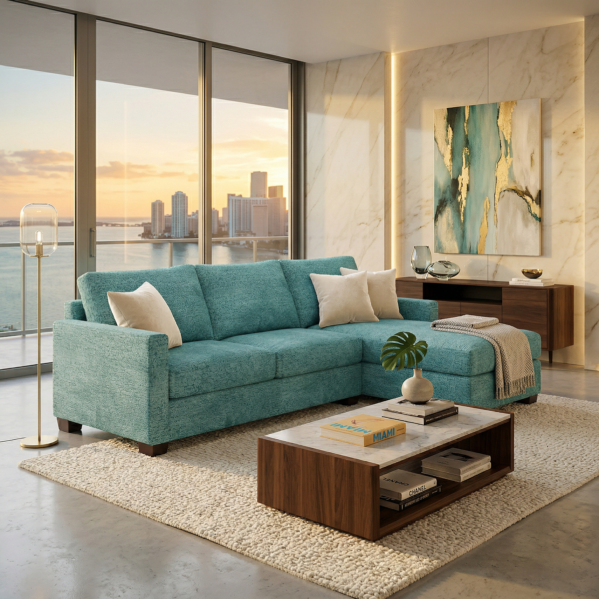 Damon L-Shaped Sectional Sofa – 120" Chaise Sectional in Fabric & Velvet - Hepburn Emerald - Fabric (1)