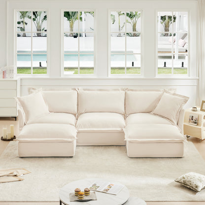 Slipcovered U Shape Sectional Deep Seat Sofa Couch, 3 Seater Sofa with French Edges Design Multiple Big Pillows