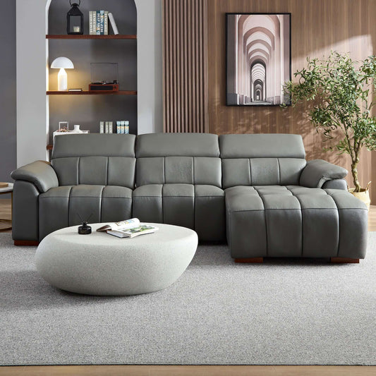 Modern Leather Chaise Sectional Sofa 113" – Adjustable Reclining Leather Sofa with USB (2 Colors) in modern living room.