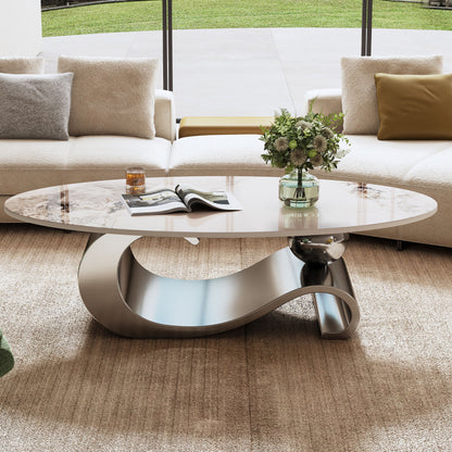 49.2" Faux Marble Oval Coffee Table, Contemporary Gray Stainless Steel Base, Modern Center Table