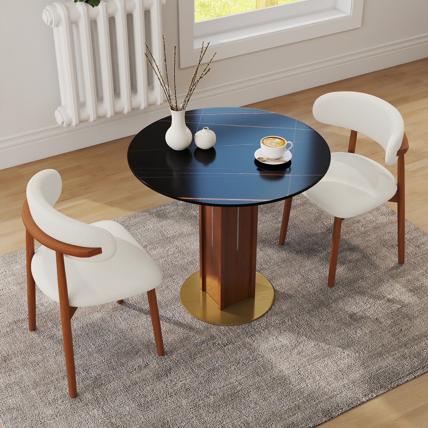 Oriel Black Sintered Stone Round Dining Table – 33.46" Walnut Column 2-Person Table