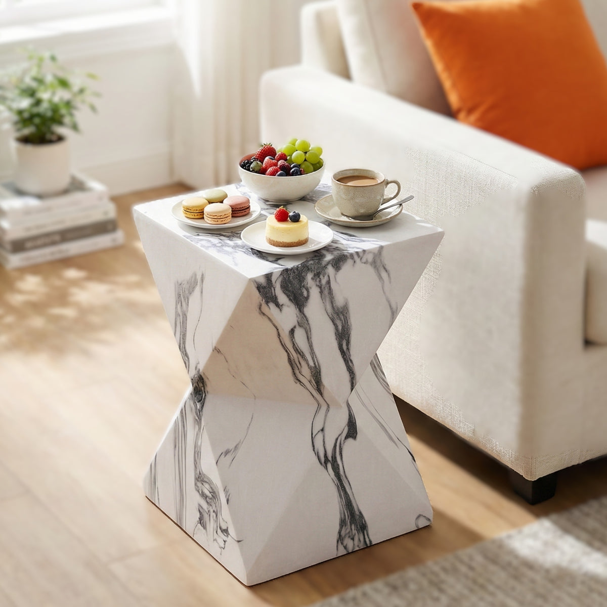 18.5'H Modern Geometric MGO Side Table, Hourglass Accent Table with Faux Marble Finish - Weather Resistant End Table for Indoor and Outdoor Use, Living Room, Bedroom & Patio, Faux Marble