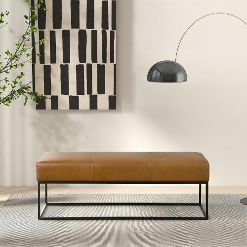 Odessa Genuine Leather Bench – 48” Modern Leather Bench with Metal Frame (Tan)