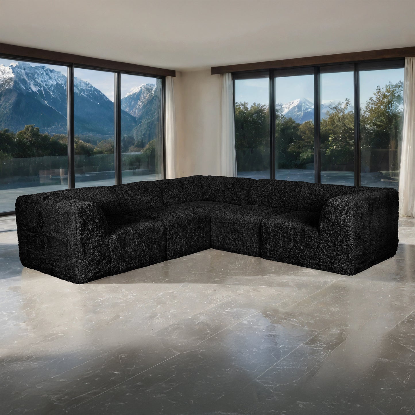 Kellan Faux Fur 5-Piece L-Sectional Sofa – Modular Corner Sectional