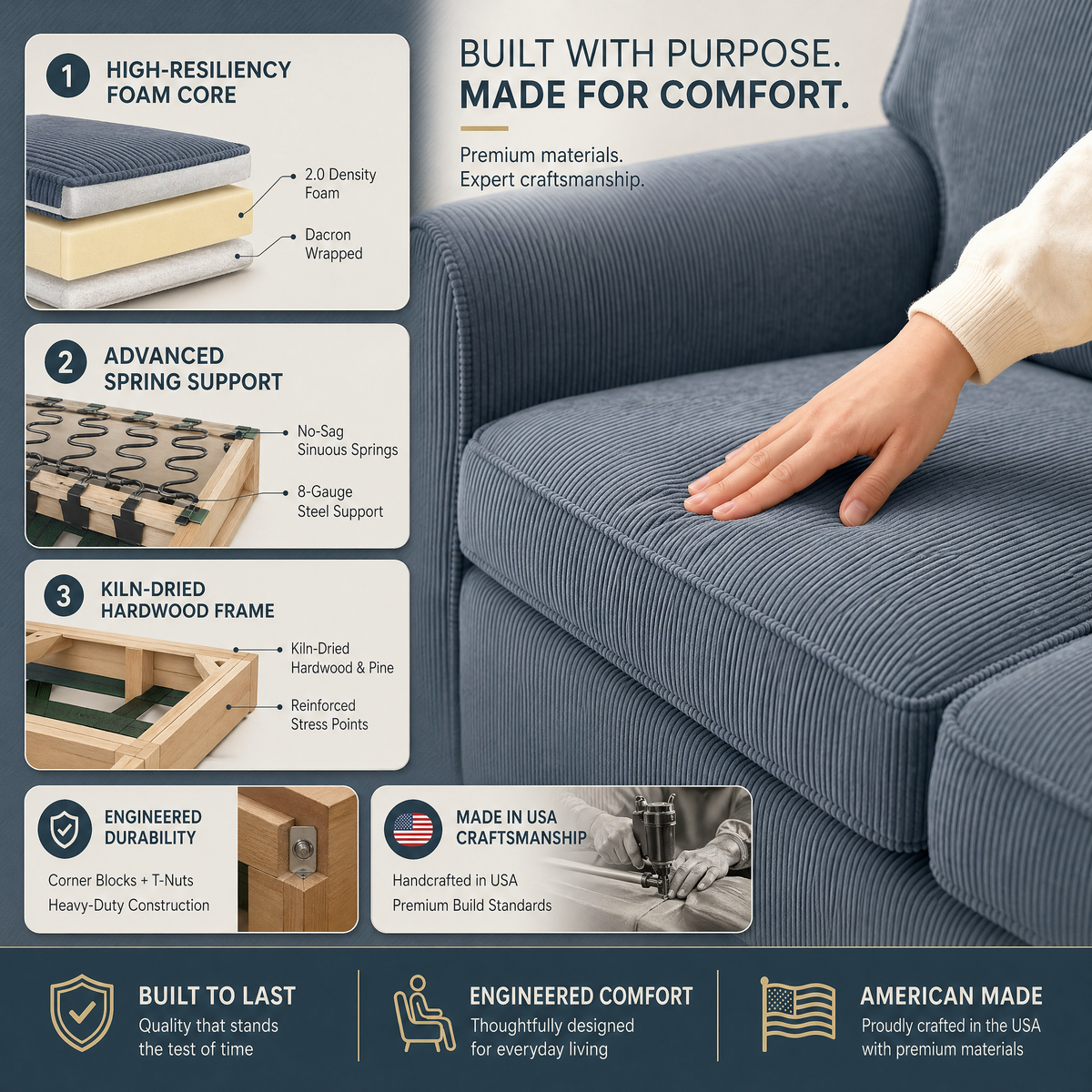 Augusta Sofa – Made in USA, Custom Fabric Options, 83" Classic Design - Leslie Peacock - Fabric (12)