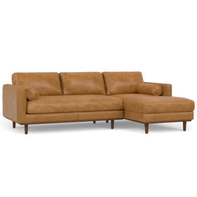 Morrison MCM Genuine Leather Sectional Chaise Sofa 102" – Modern Leather Chaise Sectional (2 Colors) in tan leather.