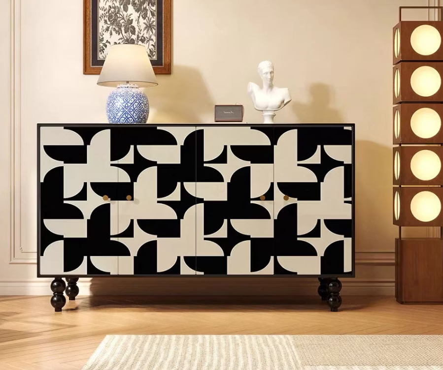 Gwynn Black & Cream Hand-Painted Sideboard – 59" Retro Geometric Buffet Cabinet