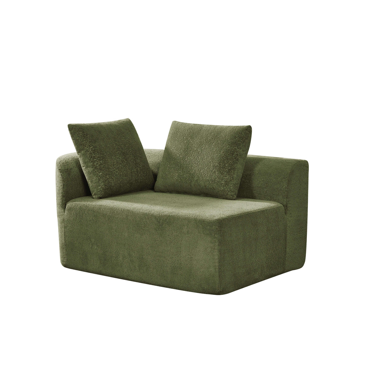 Modern Low Profile Modular Curved Foam Sofa 116' (4 Colors) in olive green fabric with cushions.