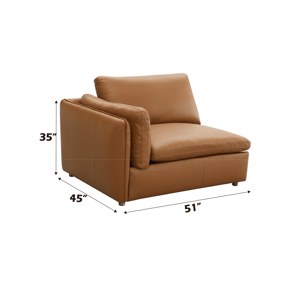 Brighton Leather modular corner sofa section featuring measurements: 35"H x 45"D x 51"W, in rich brown leather.