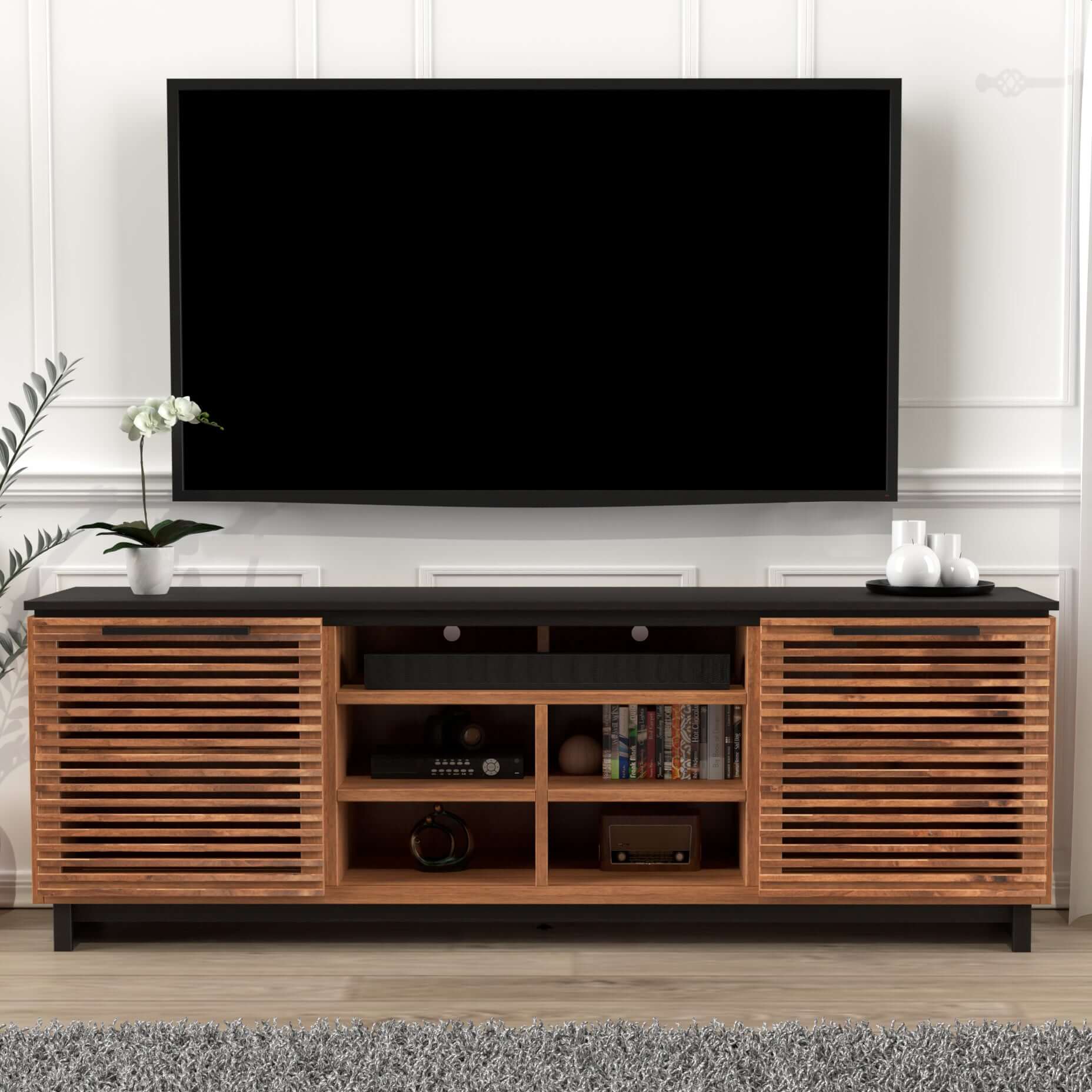 Graceland Solid Wood TV Stand Console, Black with Bourbon Finish 85" - Revel Sofa 