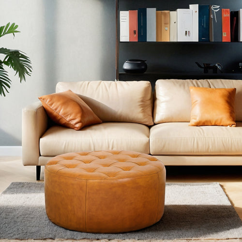 Seletar Round Button Tufted Leather Ottoman – 37” Genuine Leather Ottoman (MCM Style, Multi-Functional) in living room.