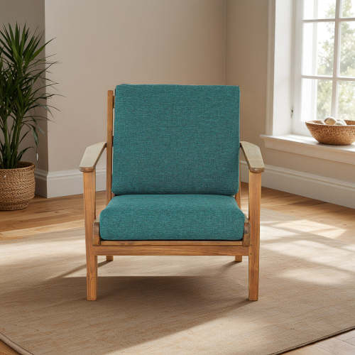 Connor Solid Wood Linen Armchair – Mid-Century Modern Lounge Chair (4 Colors) in teal upholstery with natural wood frame.