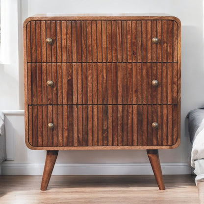 Solveig Honey Caramel Mango Wood Chest – 27.6" T-Bar Ridged 3-Drawer Chest