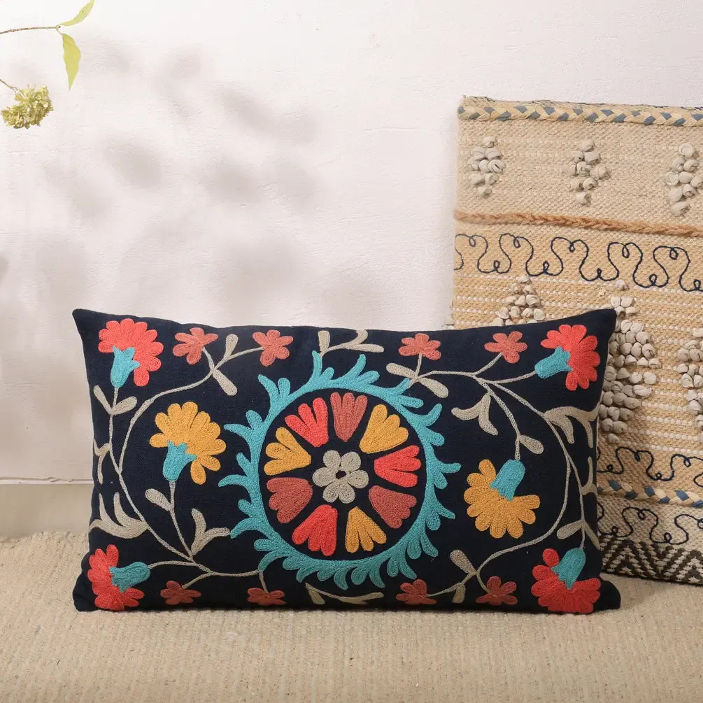 Kira Indigo Aari Embroidered Cotton Lumbar Pillow
