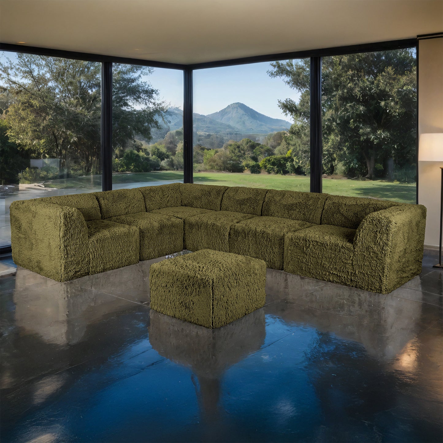 Fable Faux Fur L-Sectional Sofa – 7-Piece Olive Green Modular Sofa