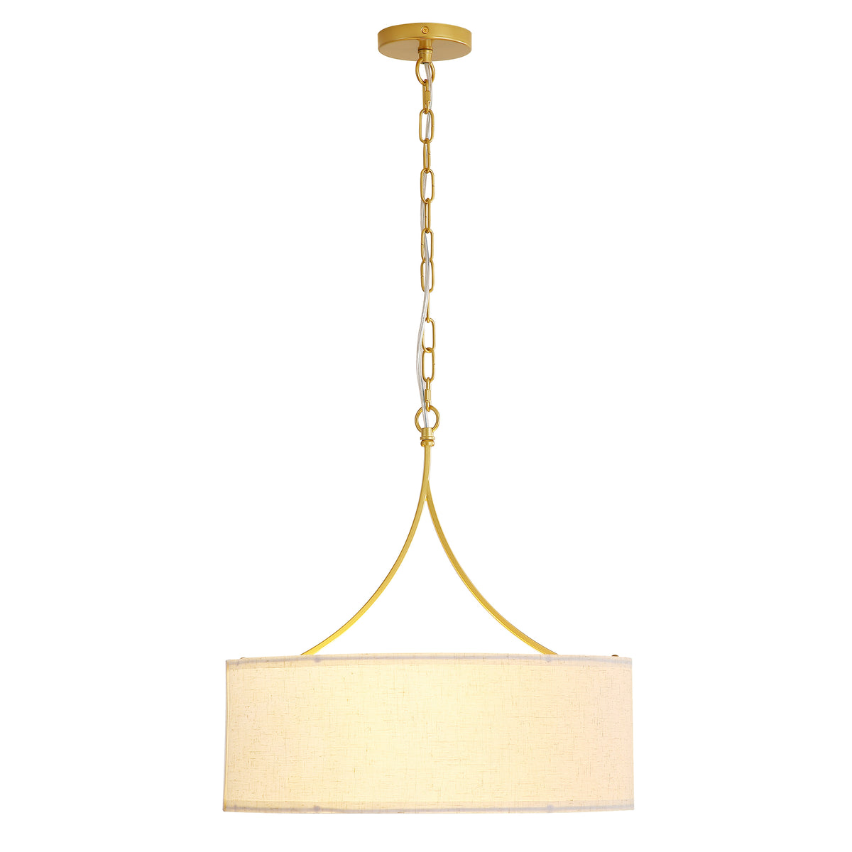 3-Light Gold Fabric Drum Pendant Light, Transitional Farmhouse Dining Room Chandelier Over Table