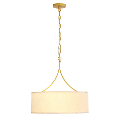 3-Light Gold Fabric Drum Pendant Light, Transitional Farmhouse Dining Room Chandelier Over Table