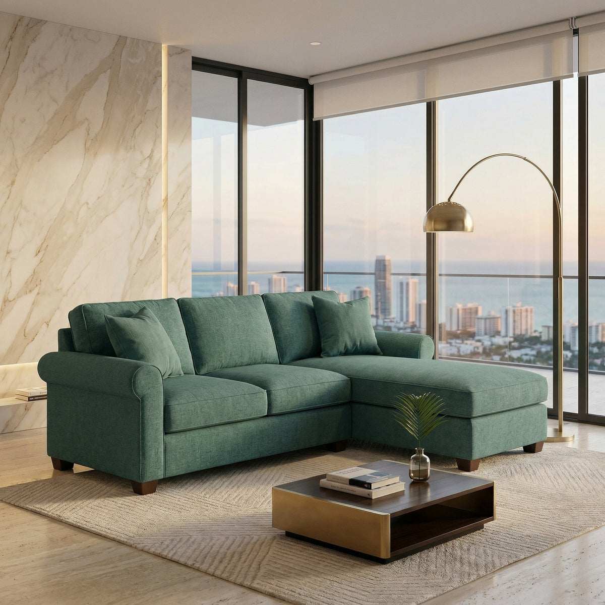 Irlanda Upholstered L-Shaped Sectional – 120" Made-in-USA Sectional Sofa - Velvet Antique Kelly Green - Velvet (9)