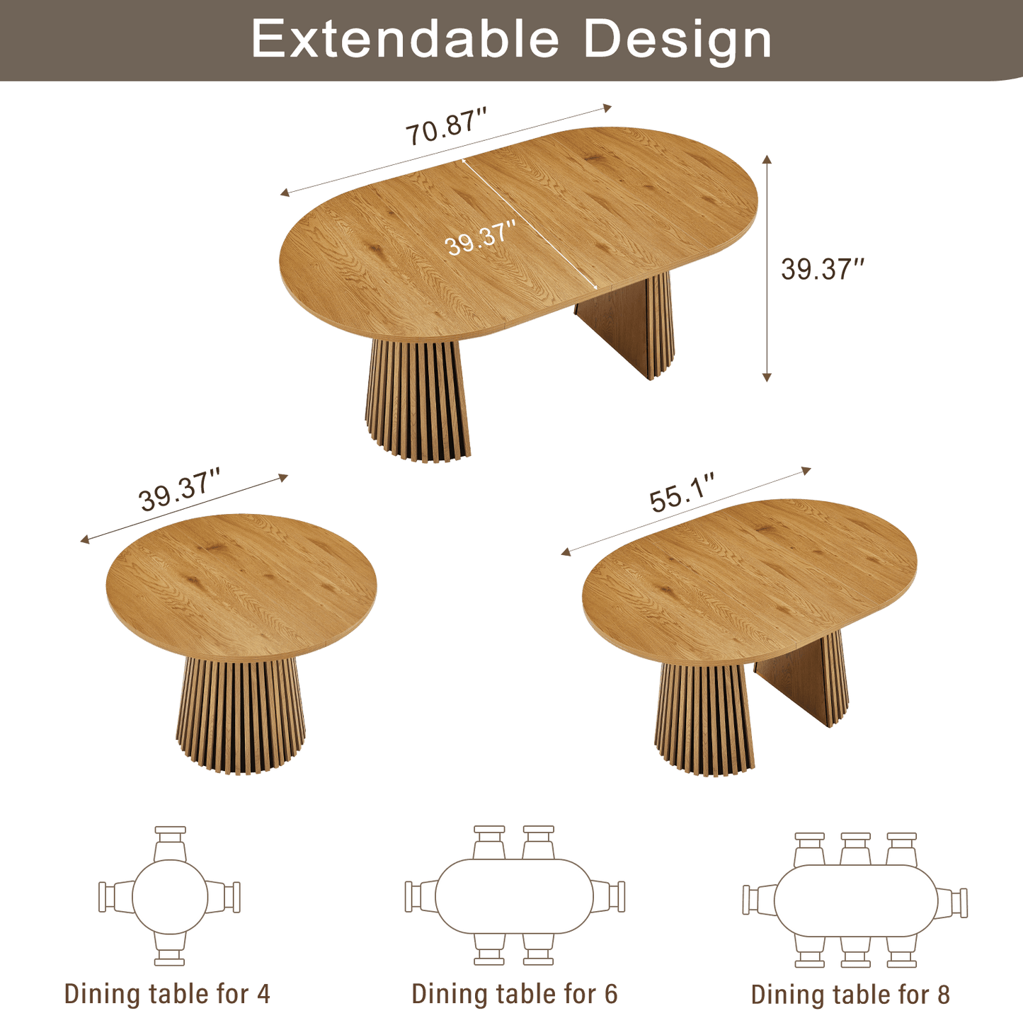 Modern Extendable Oval Dining Table design showing its flexible extendable features and dimensions.