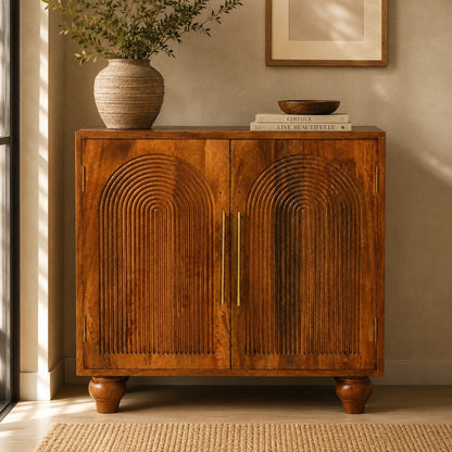 Arco Golden Teak Mango Wood Cabinet – 30" Arched Groove Double-Door Storage Cabinet