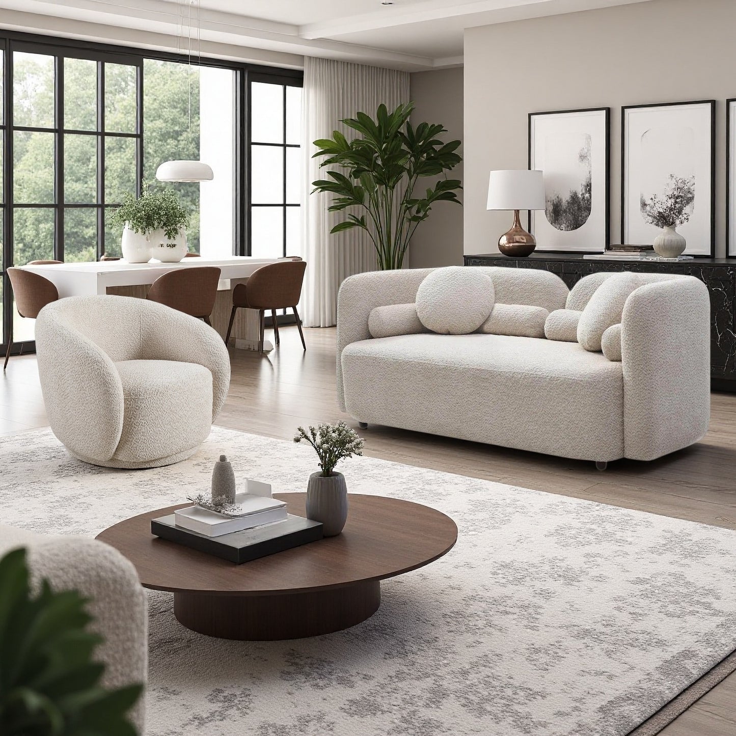 Oleander Boucle Japandi Loveseat & Swivel Chair Set – 69" 2-Piece Living Room Set
