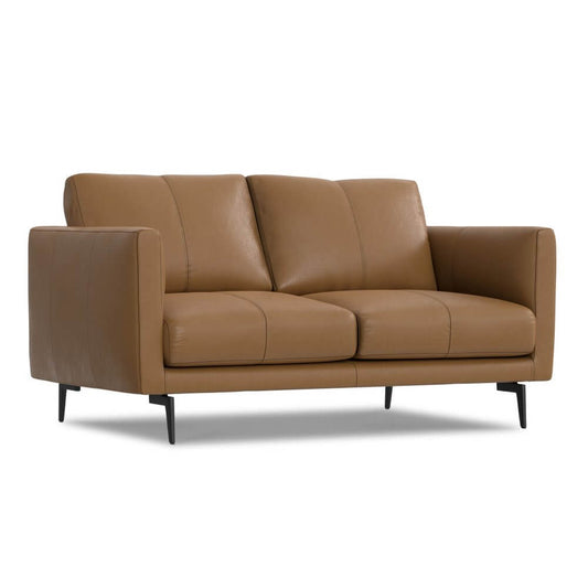 60" Brown Leather Sofa With Black Legs in a modern living space, showcasing its elegant design and luxurious leather finish.