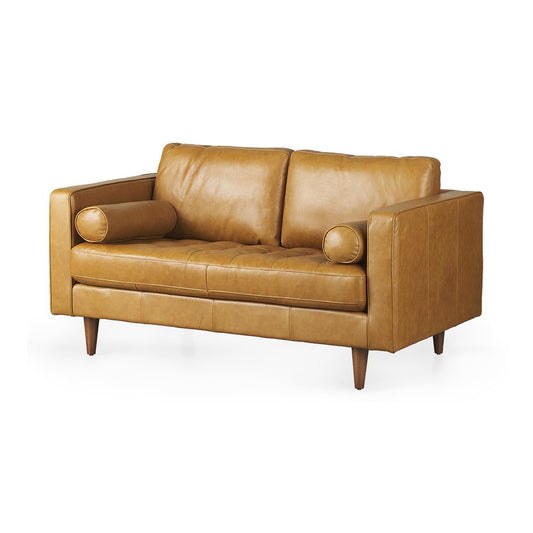 65" Modern Tan Leather Sofa with Solid Wood Legs & Pillow Top Arms