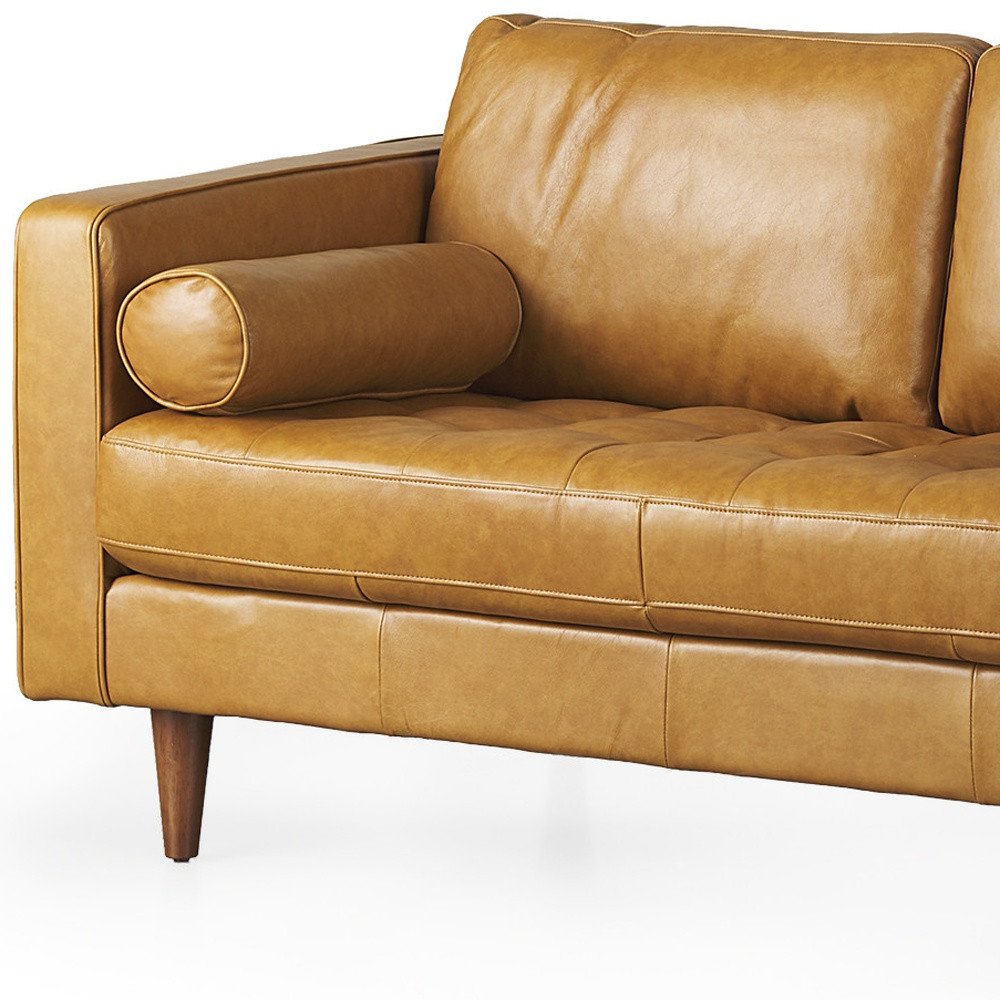 65" Modern Tan Leather Sofa with Solid Wood Legs & Pillow Top Arms