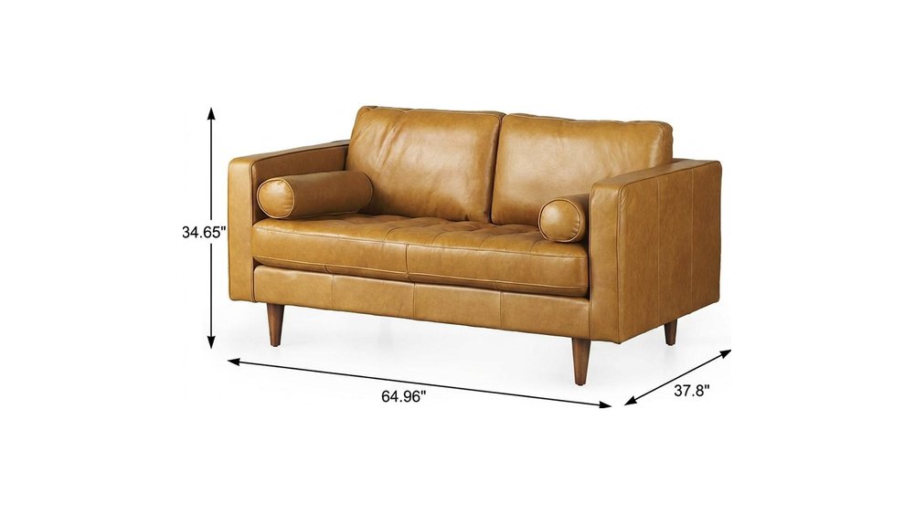 65" Modern Tan Leather Sofa with Solid Wood Legs & Pillow Top Arms